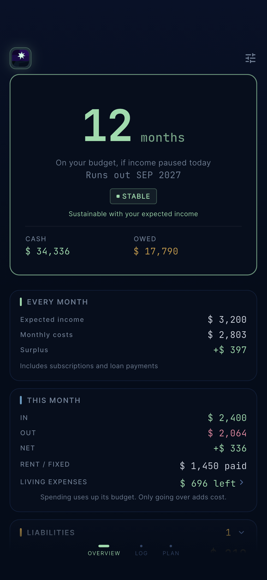 Financial Runway overview showing twelve months of runway, cash, loans and monthly movement.