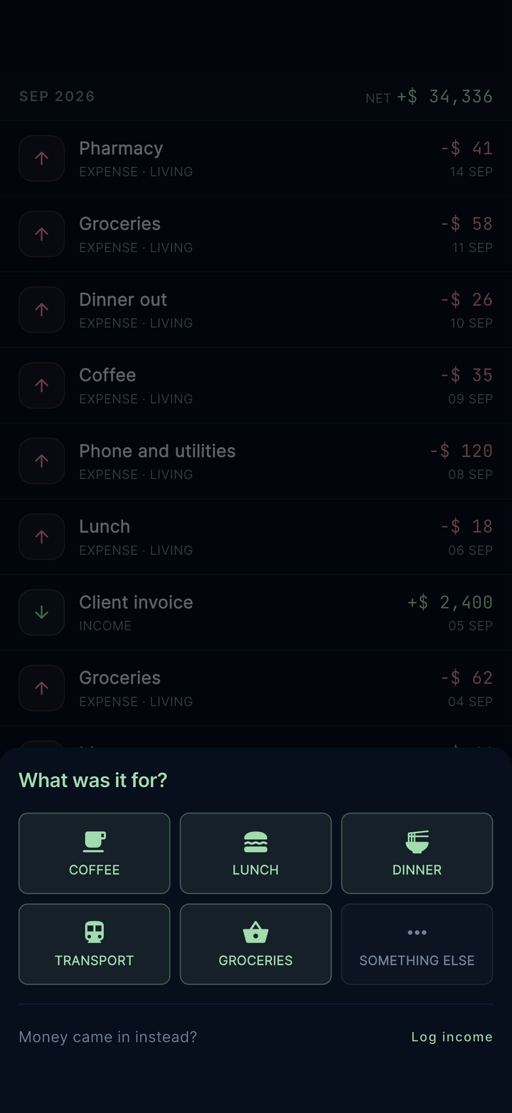Quick log sheet for spending and income.